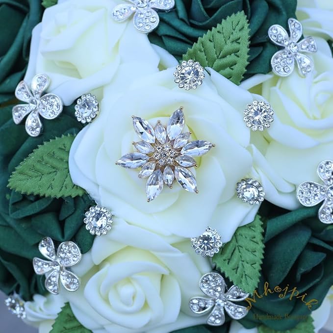 Lightweight Bridal Wedding Bouquet Round Holding Bouquet Throw Toss Artificial Rose Flower Bunch for Bride Bridesmaid Wedding Quinceanera (Cream & Dark Green, 9.1")