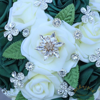 Lightweight Bridal Wedding Bouquet Round Holding Bouquet Throw Toss Artificial Rose Flower Bunch for Bride Bridesmaid Wedding Quinceanera (Cream & Dark Green, 9.1")