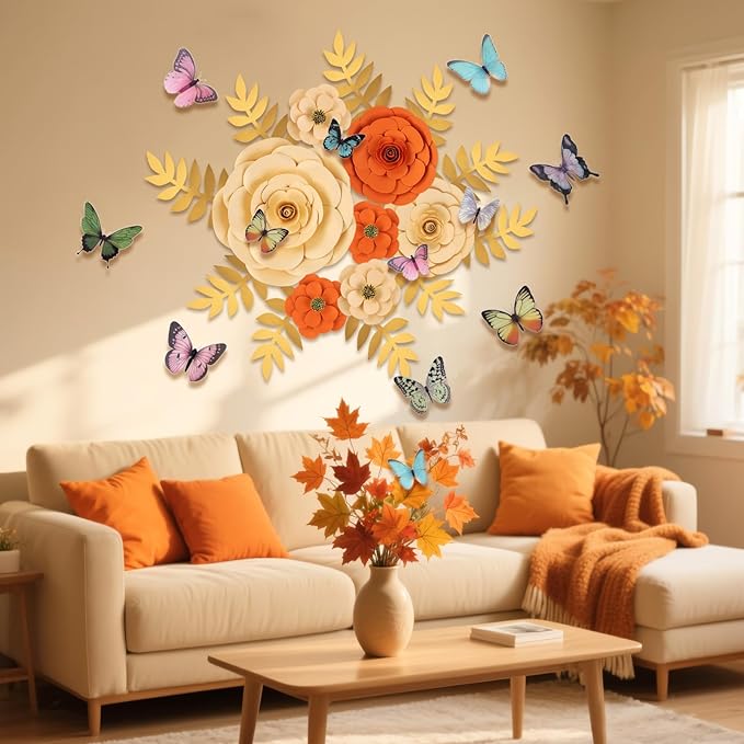 Large Paper Flowers Decorations for Wall, Artificial 3D Flower Wall Decor with Butterfly Sticker Orange Champagne Floral Wall Decal for Classroom Spring Garden Tea Bulletin Board Decorations
