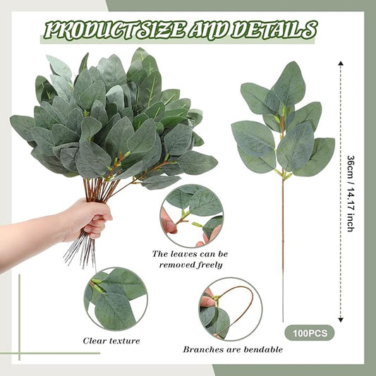 Tigeen 100 Pcs Artificial Eucalyptus Stems Leaves Bulk, 14'' Tall Silver Dollar Eucalyptus Stems Greenery Stems Fake Eucalyptus Plant Branches for Wedding Vase Bouquet Flower DIY Wreath Home Decor