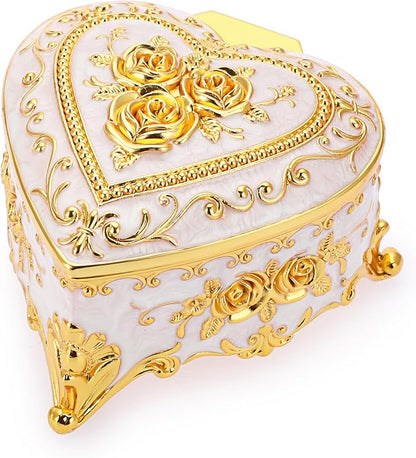Hipiwe Vintage Metal Jewelry Box - Heart Shape Trinket Organizer Ring Box Case with Rose Pattern Jewelry Storage Box for Ring Earrings Necklace, Gift for Women