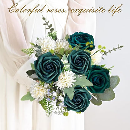 BLEUM CADE 16Pcs Artificial Flowers Fake Roses with Stems, Army Green Boxed Foam Roses for DIY Bouquets Centerpieces Wedding Party Arrangement Bridal Shower Decor