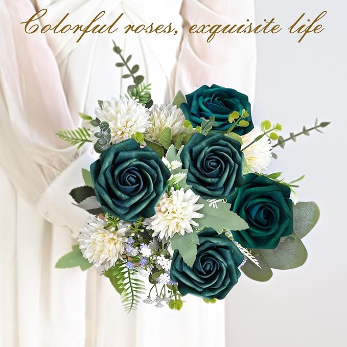 BLEUM CADE 36Pcs Artificial Flowers Fake Roses with Stems, Army Green Boxed Foam Roses for DIY Bouquets Centerpieces Wedding Party Arrangement Bridal Shower Decor