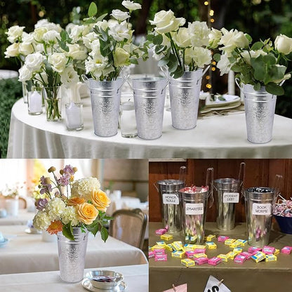 6 Packs 8 Inch Tall Galvanized Metal Flower Vases with Handles, Metal Flower Buckets for Cut Flowers, Country Wedding, Table Centerpiece Decorations(Sliver)
