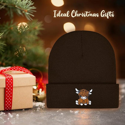 Scottish Highland Cow Beanie Hat, Cute Funny Cow Embroidery Winter Knit Skull Cap for Adult Men Women