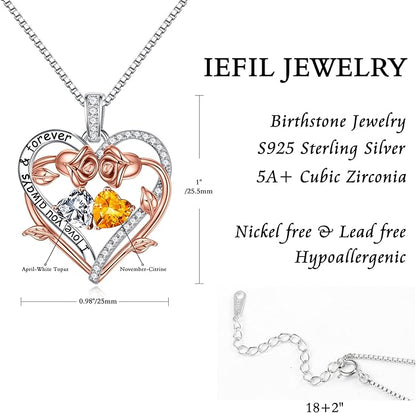 Iefil Rose Heart Double Birthstone Necklace Gifts for Wife Her Mom Women, Birthstone Jewelry Gemstone Birthday Gifts for Girlfriend Grandma Her Wife Women