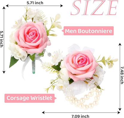 Wrist Corsage and Boutonniere Set, Artificial Rose Corsage Wristlet and Boutonniere for Wedding Prom Party (Pink, 2pcs)