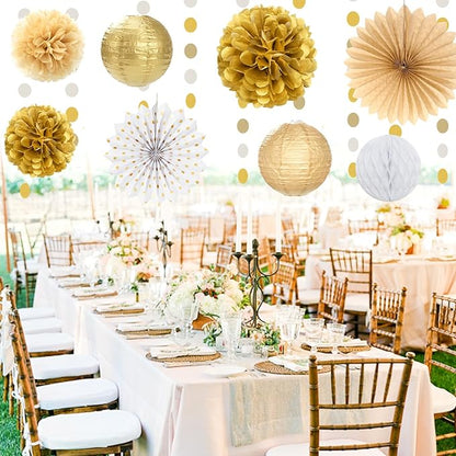 White Champagne Gold Birthday Party-Decorations - 21pcs Happy Birthday Banner,Paper Lanterns,Tissue Pom Poms Flower Fan,Honeycomb Ball,Swirl Streamers Garland Supplies Women Men Decor Huglony
