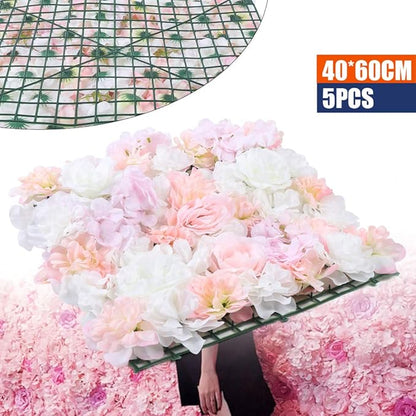 Eapmic 16"x 24" Artificial Flower Wall Panels,Flower Wall Mat Silk Flower Panels for Outdoor Garden Backyard Fence Fence Privacy Screen and Indoor Wall Decor (5Pcs Light Pink+White)
