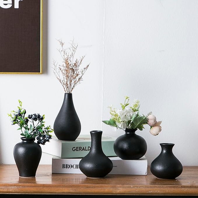 Black Bud Vase Set of 5, Ceramic Small Vases for Modern Decor, Mini Pottery Vases, Boho Decorative Vase for Living Room Fireplace, Centerpiece Table Decorations