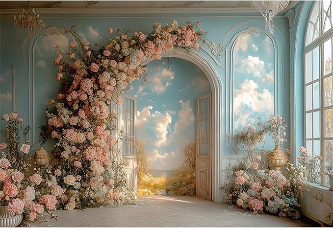 Baocicco 10x8ft Floral Wall Photography Background Romantic Style Arch Door Oil Painting Flowers Photo Background for Women Wedding Party Banner Supplies Girls Birthday Decorations Photoshoot Studio