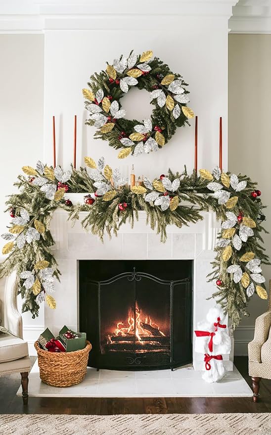 23.6” Christmas Tree Picks and Sprays 3Pcs Silver and Gold Artificial Magnolia Stems Magnolia Leaves Branches Fake Silver Leaf Floral for Vase DIY Xmas Tree Garland Wreath Centerpieces Wedding Decor