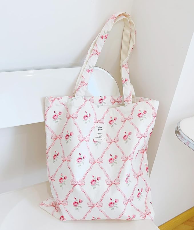 Cotton Canvas Tote Bag Reusable Soft Grocery Cloth Bag Floral Shoulder Bag for Beach Travel Shopping