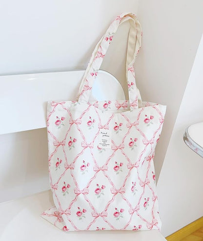 Cotton Canvas Tote Bag Reusable Soft Grocery Cloth Bag Floral Shoulder Bag for Beach Travel Shopping