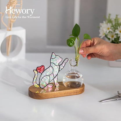 Hewory Handmade Cat Propagation Stations: Iridescent Stained Glass Cat Planter Pot with Wooden Stand for Desktop Decor for Plant Lovers Women