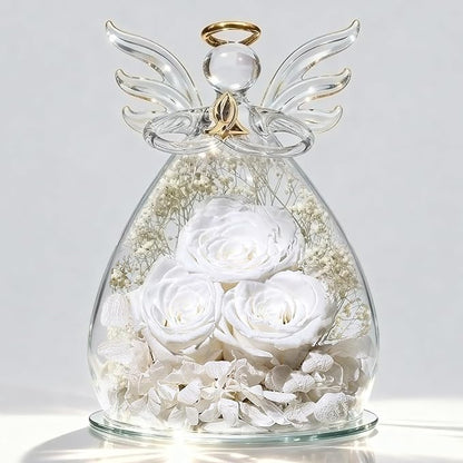 Beferr Christmas Birthday Gifts for Women, Mom Gifts for Christmas Fresh Flowers for Delivery Prime Forever Preserved Rose in Glass Angel Figurine Xmas Gifts for Grandma Wife Sister Her, White