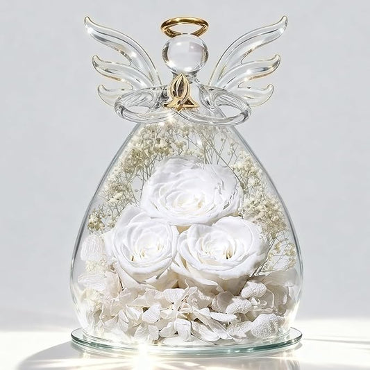 Beferr Christmas Birthday Gifts for Women, Mom Gifts for Christmas Fresh Flowers for Delivery Prime Forever Preserved Rose in Glass Angel Figurine Xmas Gifts for Grandma Wife Sister Her, White