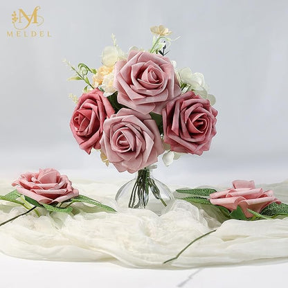 Meldel Artificial Flower 25pcs Real Touch Blush Pink Rose Fake Foam Roses with Stems for DIY Wedding Bouquets Gifts Bridal Shower Faux Floral Centerpieces Arrangements Home Party Tables Decorations