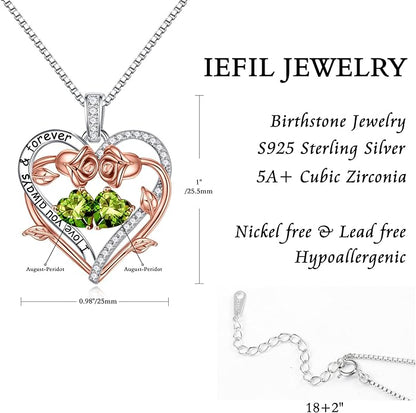 Iefil Rose Heart Double Birthstone Necklace Gifts for Wife Her Mom Women, Birthstone Jewelry Gemstone Birthday Gifts for Girlfriend Grandma Her Wife Women