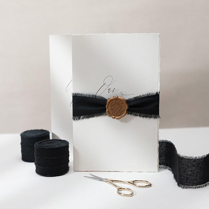 Black Ribbon 1-1/2" x 15Yd Handmade Fringe Cotton Ribbons for Wedding Invitations, Bridal Bouquets Wrapping, Bow Making DIY Crafts Home Decor for Halloween