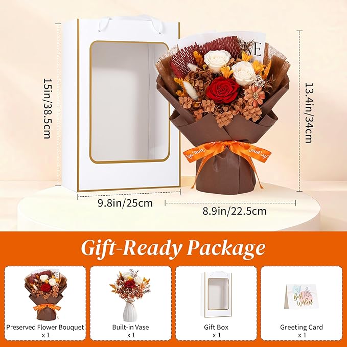 Lewondr Flower for Delivery, Preserved Flowers Bouquet, White Roses Bouquet, Real Long-Lasting Forever Birthday Flowers Gifts for Her Best Friend Mothers Day Christmas Graduation, White-Orange