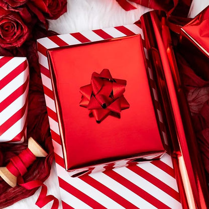 Merture Red Wrapping Paper Roll Reversible - 17 In X 32.8 Ft(46.5 sq.ft.) Metallic Red and Stripe Design Gift Wrap for Christmas, Mothers Day, Wedding, Birthday, Valentines Day, Bridal Shower