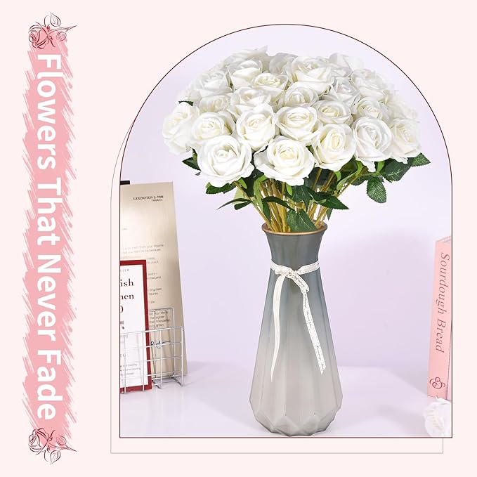 52 PCS White Roses Artificial Flowers, Fake White Roses Bouquet,White Artificial Silk Roses with Stems for Wedding Flowers Decoration, Valentines Day Mothers Day, Bridal Bouquet Roses