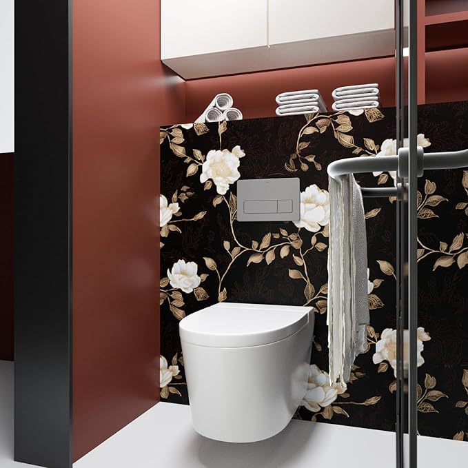 Black Golden Floral Peel and Stick Wallpaper Flowers Contact Paper 17.5" x 393" Self Adhesive Waterproof Vintage Dark Floral Wall Paper for Shelf Liner Cabinet Decor