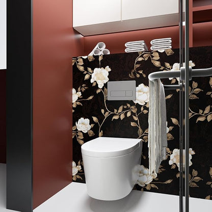 Black Golden Floral Peel and Stick Wallpaper Flowers Contact Paper 17.5" x 393" Self Adhesive Waterproof Vintage Dark Floral Wall Paper for Shelf Liner Cabinet Decor