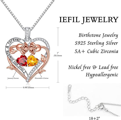 Iefil Rose Heart Double Birthstone Necklace Gifts for Wife Her Mom Women, Birthstone Jewelry Gemstone Birthday Gifts for Girlfriend Grandma Her Wife Women