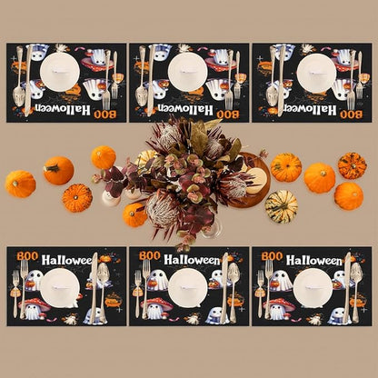 Halloween Ghosts Pumpkin Cute Placemats Set of 4 PVC Vinyl Non Slip Table Mats Heat Resistant Place Mats Washable Wipeable Dining Table Mat for Kitchen Decor Party Indoor Outdoor Decorative Gift