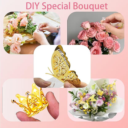 DNSGOOR 548Pcs Flower Wrapping Paper Kit with 200Sheets Waterproof Bouquet Wrapping Paper Decor Crowns 3D Butterfly Bouquet Pins Ribbons for Valentines Graduation Birthday Home Party