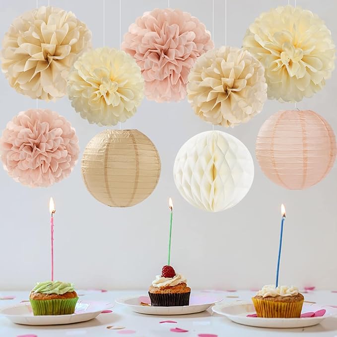 Champagne Beige Paper Flowers Tissue Pom Poms Honeycomb Lanterns 15pcs Party Decorations for Boho Fall Rustic Birthday Baby Shower Neutral Autumn Wedding Bridal Hanging Decor Mprocherify