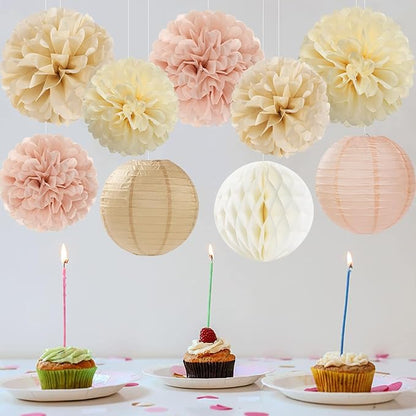 Champagne Beige Paper Flowers Tissue Pom Poms Honeycomb Lanterns 15pcs Party Decorations for Boho Fall Rustic Birthday Baby Shower Neutral Autumn Wedding Bridal Hanging Decor Mprocherify
