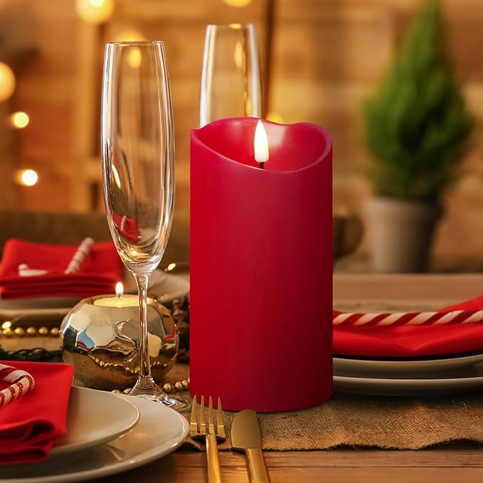 Eywamage Red Flameless LED Pillar Candles with Remote, Real Wax Flickering Christmas Candles Battery Operated Set of 3