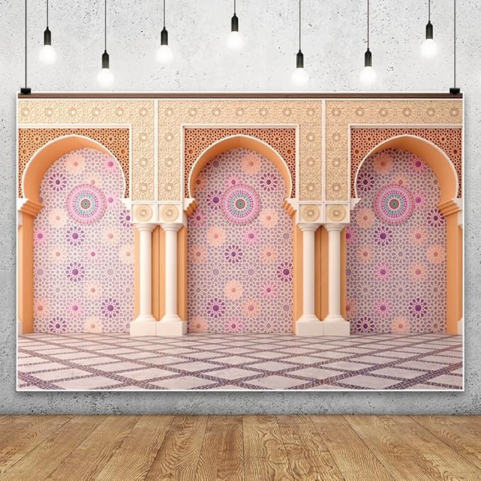 Yeele 12x8ft Bohemia Palace Backdrop Boho Style Pink Floral Wall Plaid Floor Dreamy Villa Inside Photography Background for Wedding Bridal Shower Girl Birthday Party Decor Portrait Photo Shoot Prop