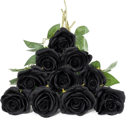 DuHouse 10pcs Fake Black Roses Artificial Silk Flowers Faux Rose Flower Long Stems Bouquet for Arrangement Wedding Centerpiece Party Home Kitchen Decor (Black)