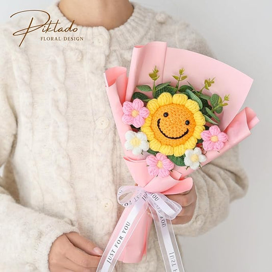 Hand-Woven Flower Bouquet Finished（1pcs） for Mother Girlfriend Birthday Gift Wedding Decoration Crochet Artificial Flower, Bouquet Gift (Smile Sunflower)