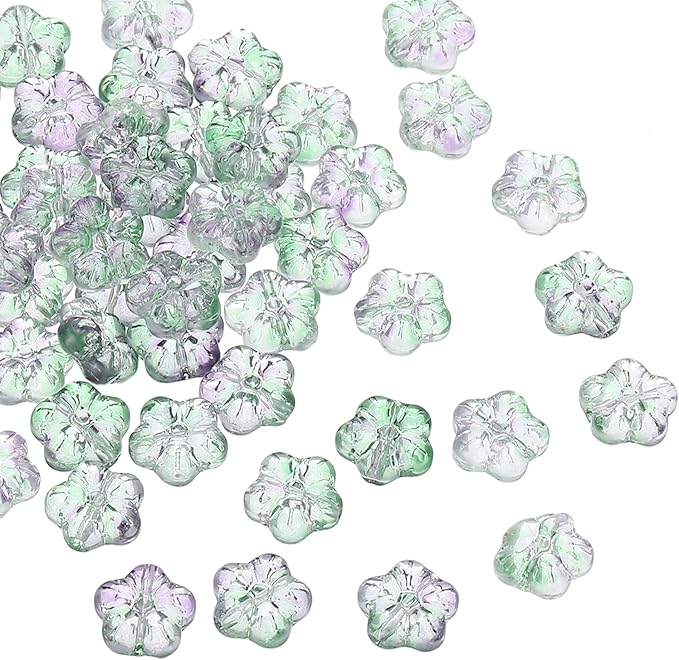 PATIKIL Random Glass Flower Beads, 50Pack Transparent Floral Beads Hibiscus Beads for DIY Jewelry Making Bracelets Bulk, Green/Purple