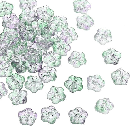 PATIKIL Random Glass Flower Beads, 50Pack Transparent Floral Beads Hibiscus Beads for DIY Jewelry Making Bracelets Bulk, Green/Purple