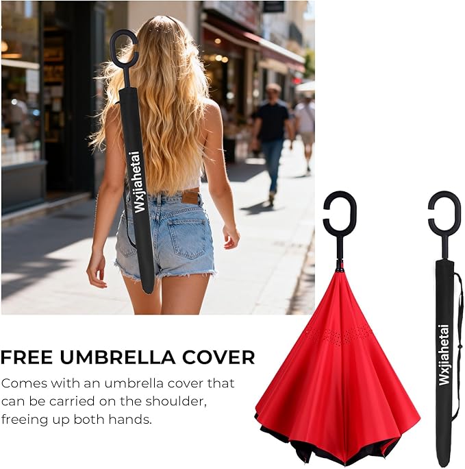 Inverted Umbrella, 49 Inch Double-Layer Vented Reverse Umbrella, Windproof Waterproof UV Protection, Lightweight C-Handle, Fiberglass Ribs, Steel Shaft, Travel/Commute/Car Use, With Sleeve