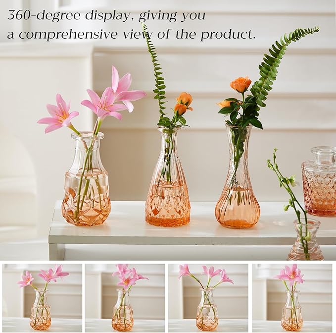 Glass Bud Vase Set of 20 - Small Vases for Flowers in Bulk - Assorted Vintage Crystal Vases for Flowers, Table Centerpieces (Amber, 20 Pcs)