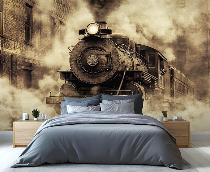 Vintage Steam Train Wall Mural, Industrial Train Engine 3D Wall Murals, Retro Railway Steam Engine Wallpaper Mural, for Living Room Bedroom Large Wallpaper Indoor Decor 169.3" W x118.2 H