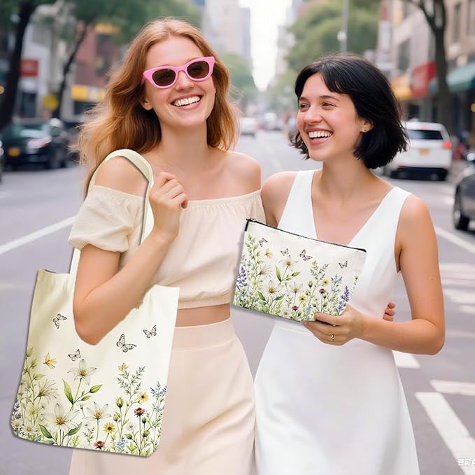 Flower Plant Lover Gifts for Women Canvas Tote Bag with Makeup Bag Cosmetic Bags Grocery Bags for Shopping Christmas