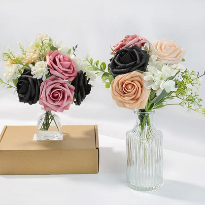 Meldel Artificial Flower 25pcs Real Touch Black Rose Fake Foam Roses with Stems for DIY Wedding Bouquets Gifts Bridal Shower Faux Floral Centerpieces Arrangements Home Party Tables Decorations