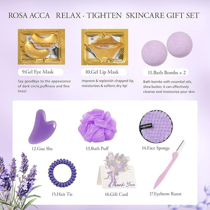 Lavender 23 Pcs Facial Skin Care Set, Luxury Bath and Body Gifts for Women, Spa & Self-Care Gifts, Peptide Sheet Mask, Eye Mask, Present, Birthday, Christmas, Valentines, Mother Day, Bridal Shower