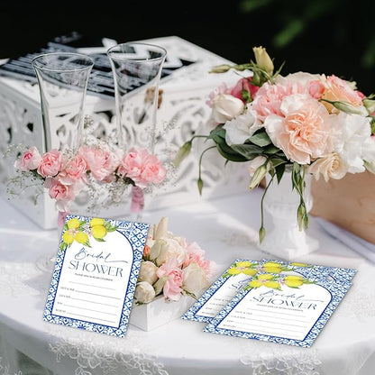 Mediterranean Lemon Bridal Shower Invitations, Set of 25 Lemon Italian Blue Tiles Bridal Shower Invites with Envelopes for Engagement Wedding Party-A11