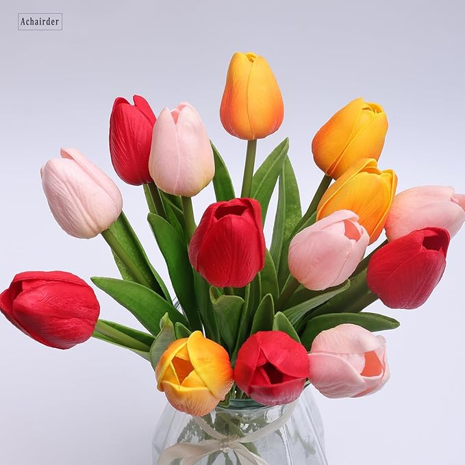 30pcs Tulips Artificial Flowers, Artificial Latex Real Touch Tulips Flowers Bouquet for Mother's Day Easter Wedding Party Home Decor-Multi 6 Color
