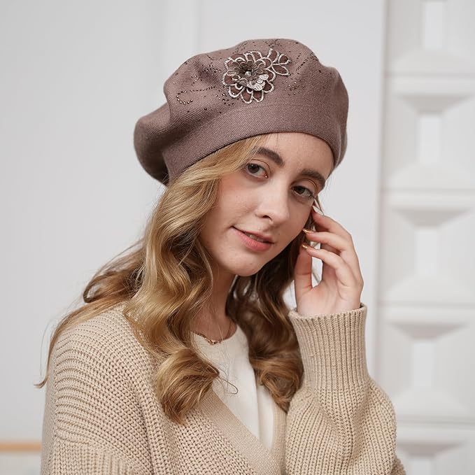 Flower Embroidery Beret Hat for Women, French Style Knitted Beret Hats, Stylish Solid Color Beret Cap for Women Girls Lady
