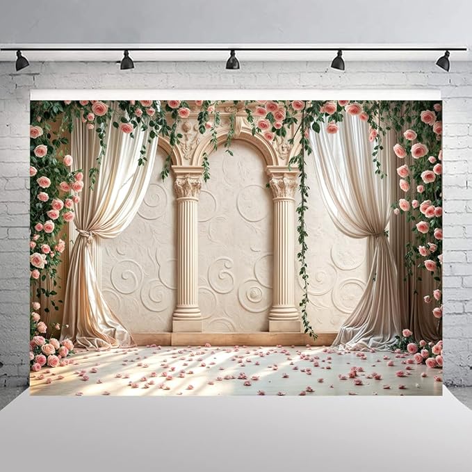 Wedding Party Backdrop, Floral Grass Wall White Sheer Curtain Flower Arch Photography Background, Greek Rose Wall Arch Lover Marriage Proposal Bridal Reception Photo Booth Props Banner 20x10ft